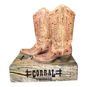 Corral Vintage Ant Saddle Red Butterfly Inlay Leather Boots Women's Size 8.5